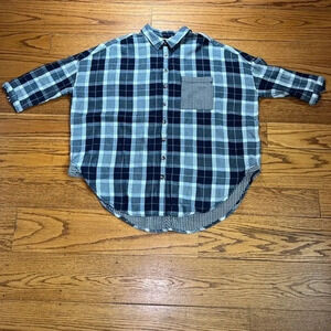 Anthropology Blue Plaid Cotton Oversized Boyfriend Costal Button Up Flannel A11